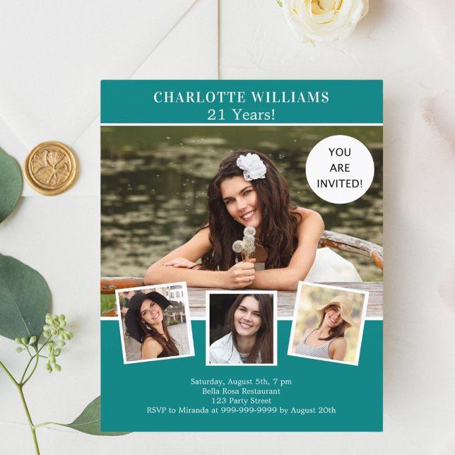 ティール（緑がかった色）グリーンフォトコラージュの誕生日の招待状 (クリエイターアップロード済み)