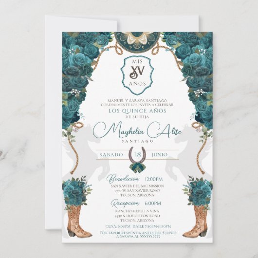 ティール（緑がかった色）グリーンフローラウエスタンチャロキンセニェラ 招待状 (正面)