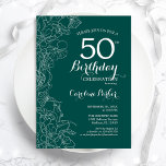ティール（緑がかった色）グリーンフローラ50th誕生日パーティー 招待状<br><div class="desc">グリーンフローラ50th誕生日パーティーへの招待。ボタニカルモダンアウトラインスケッチのアクセントとタイポグラフィスクリプトフォントを特徴とするミニマルデザイン。トレンディーシンプル招待状カードは女性の日スタイリッシュお祝いに最適。任意のカスタマイズ年齢にすることができる。印刷されたZazzle招待状または即時ダウンロードのデジタル印刷可能なテンプレート。</div>