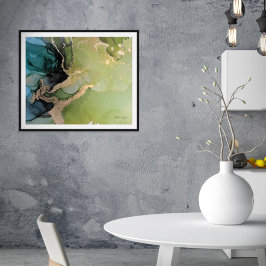 ティール（緑がかった色）グリーンブラック金ゴールド抽象芸術アルコールインク ポスター