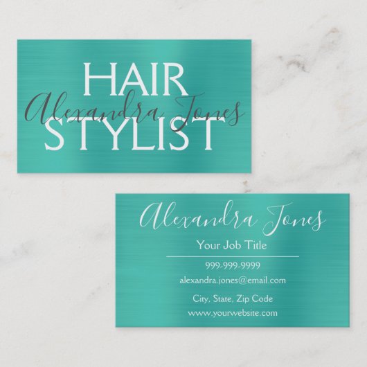 ティール（緑がかった色）グリーンブラッシュドメタル美容師 名刺 (正面/裏面)