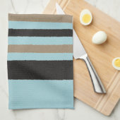 ティール(緑がかった色)グリーンブルーイエローブラックストライプズ キッチンタオル (四つ折り)