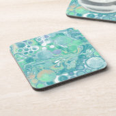 ティール（緑がかった色）グリーンブルーマーブルフルードアート コースター (左側)