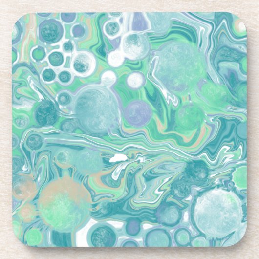 ティール（緑がかった色）グリーンブルーマーブルフルードアート コースター (正面)