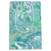 ティール（緑がかった色）グリーンブルーマーブルフルードアート ミディアムペーパーバッグ (正面)