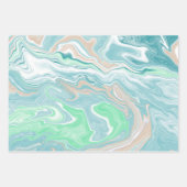 ティール（緑がかった色）グリーンブルーマーブルフルードアート ラッピングペーパーシート (正面3)