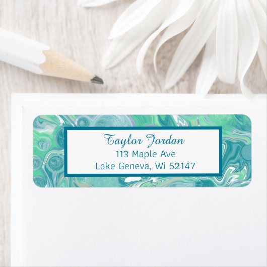 ティール（緑がかった色）グリーンブルー大理石フルードアートパーソナライズされた ラベル (インサイチュ)