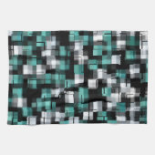 ティール（緑がかった色）グリーンブルー白黒抽象芸術プレイド キッチンタオル (横)