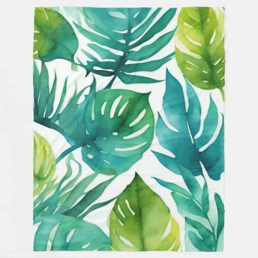 ティール(緑がかった色)グリーンホワイト熱帯離れ フリースブランケット (正面)