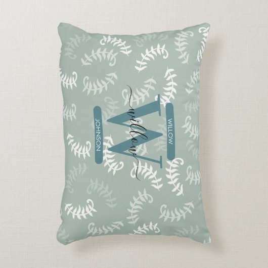 ティール(緑がかった色)グリーンボタニカルズ葉モノグラム アクセントクッション (正面(垂直))