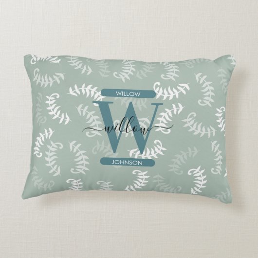 ティール(緑がかった色)グリーンボタニカルズ葉モノグラム アクセントクッション (裏面)