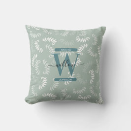 ティール（緑がかった色）グリーンボタニカルズ葉モノグラム クッション