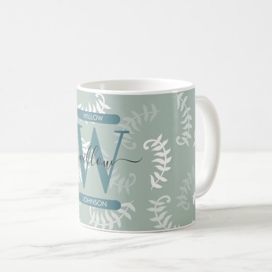 ティール(緑がかった色)グリーンボタニカルズ葉モノグラム コーヒーマグカップ (正面右)