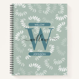 ティール（緑がかった色）グリーンボタニカルズ葉モノグラム ノートブック