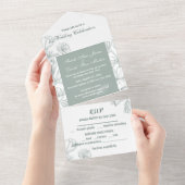 ティール(緑がかった色)グリーンボタニカルフラワーアートクラシックシンプル オールインワン招待状 (貼ってはがせる)