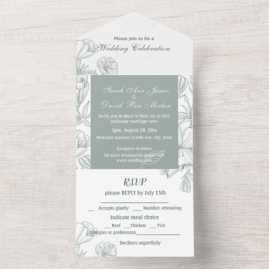 ティール(緑がかった色)グリーンボタニカルフラワーアートクラシックシンプル オールインワン招待状 (内側)