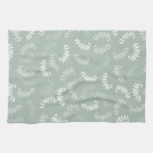 ティール（緑がかった色）グリーンボタニカル葉 キッチンタオル (横)