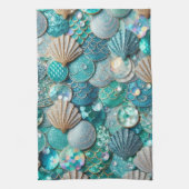 ティール（緑がかった色）グリーンマーメイドプリントと貝殻 キッチンタオル (縦)