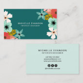 ティール(緑がかった色)グリーンモダンフローラカラフルフラワーショップ 名刺 (正面/裏面)