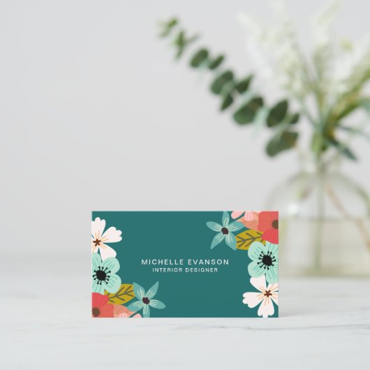 ティール（緑がかった色）グリーンモダンフローラカラフルフラワーショップ 名刺 (スタンド正面)