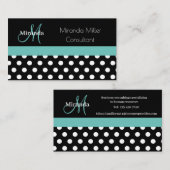 ティール（緑がかった色）グリーンモノグラム白黒水玉模様 名刺 (正面/裏面)