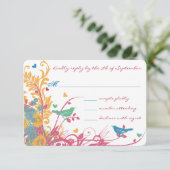 ティール（緑がかった色）グリーンラズベリー金ゴールド野生のフラワーバード結婚ズ 出欠カード (スタンド正面)