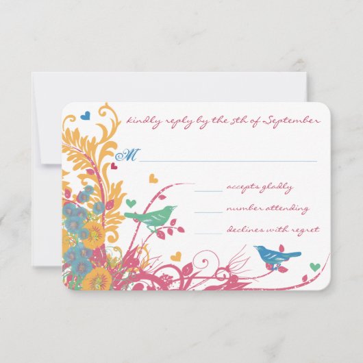 ティール（緑がかった色）グリーンラズベリー金ゴールド野生のフラワーバード結婚ズ 出欠カード (正面)