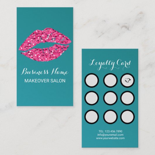 ティール(緑がかった色)グリーンリップ美しいサロン ロイヤリティカード (正面/裏面)
