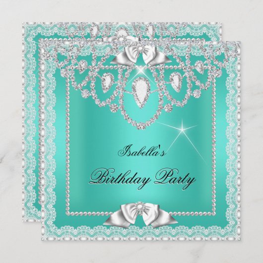 ティール（緑がかった色）グリーンレースダイヤエレガントズバースデーパーティー 招待状 (正面/裏面)