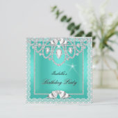 ティール（緑がかった色）グリーンレースダイヤエレガントズバースデーパーティー 招待状 (スタンド正面)