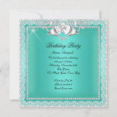 ティール（緑がかった色）グリーンレースダイヤエレガントズバースデーパーティー 招待状 (裏面)