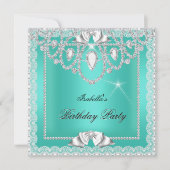 ティール（緑がかった色）グリーンレースダイヤエレガントズバースデーパーティー 招待状 (正面)