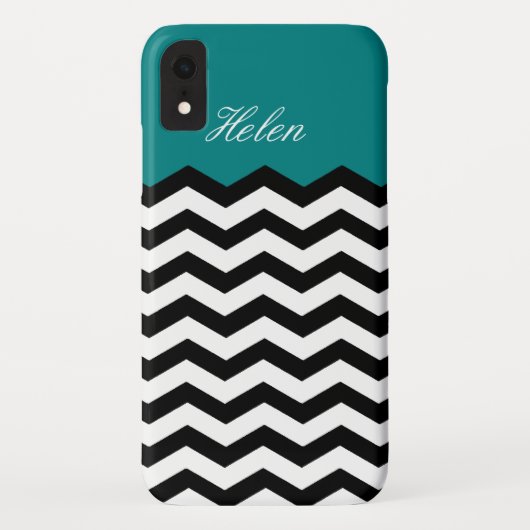 ティール(緑がかった色)グリーン名前をカスタムする/白黒シェブロン Case-Mate iPhoneケース (裏面)