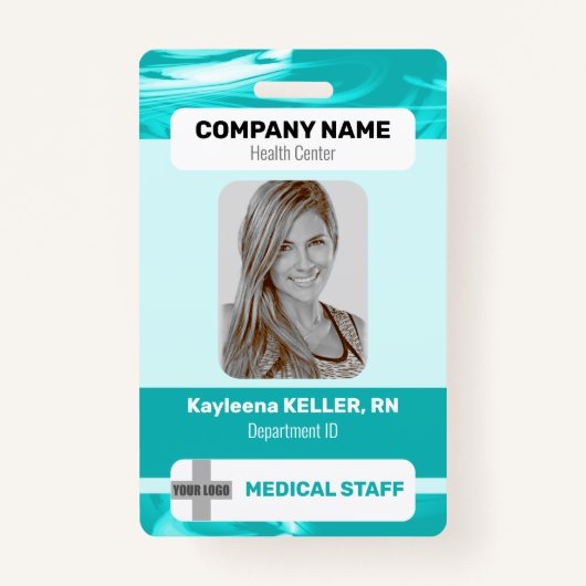 ティール(緑がかった色)グリーン大理石フォトバーコードロゴ医療スタッフ バッジ (正面)