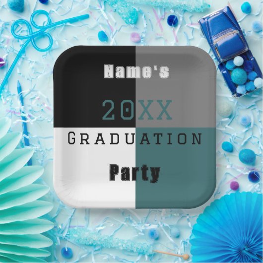 ティール（緑がかった色）グリーン白黒カスタム卒業党 ペーパープレート (パーティー)