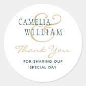 ティール(緑がかった色)グリーン結婚金ゴールドの写真ありがとうギフトラベル ラウンドシール (正面)