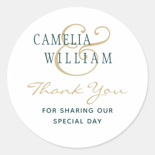 ティール(緑がかった色)グリーン結婚金ゴールドの写真ありがとうギフトラベル ラウンドシール (正面)