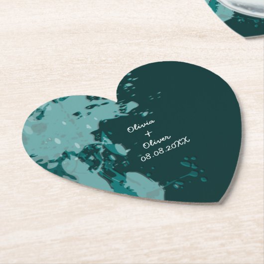 ティール（緑がかった色）グリーン絵を描（ばちゃばちゃ）跳ねるハート型コースター ペーパーコースター (アングル)