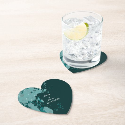 ティール（緑がかった色）グリーン絵を描（ばちゃばちゃ）跳ねるハート型コースター ペーパーコースター (インサイチュ)