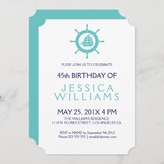 ティール（緑がかった色）グリーン航海のボートホイール誕生日パーティー 招待状 (正面/裏面)