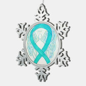 ティール（緑がかった色）グリーン認識度リボンエンジェルオーナメント スノーフレークピューターオーナメント (右)