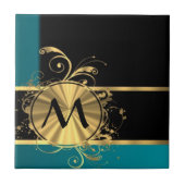 ティール(緑がかった色)グリーン金ゴールドとブラックモノグラム タイル (正面)