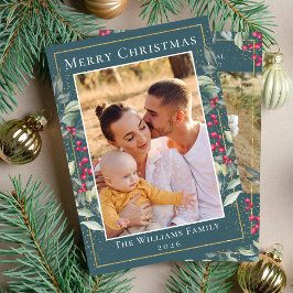 ティール（緑がかった色）グリーン金ゴールドクリスマスホリーベリー2写真 シーズンカード