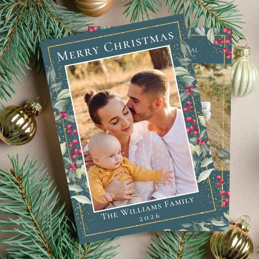 ティール(緑がかった色)グリーン金ゴールドクリスマスホリーベリー2写真 シーズンカード
