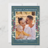 ティール(緑がかった色)グリーン金ゴールドクリスマスホリーベリー2写真 シーズンカード (正面)