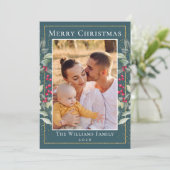 ティール(緑がかった色)グリーン金ゴールドクリスマスホリーベリー2写真 シーズンカード (スタンド正面)