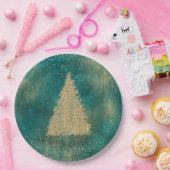ティール(緑がかった色)グリーン金ゴールドグリッタースパークルクリスマスツリー ペーパープレート (パーティー)