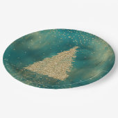 ティール(緑がかった色)グリーン金ゴールドグリッタースパークルクリスマスツリー ペーパープレート (アングル)