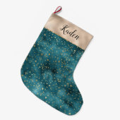 ティール（緑がかった色）グリーン金ゴールドスター ラージクリスマスストッキング (正面 (吊り時))