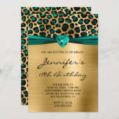 ティール（緑がかった色）グリーン金ゴールドヒョウ箔ハート18誕生日 招待状 (正面/裏面)
